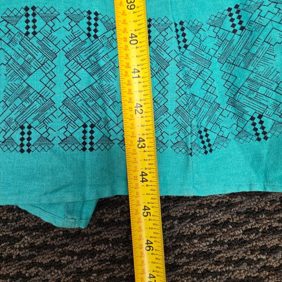 K Petite Teal Linen Blend Midi Dress Size 4P Sleeveless A-Line Blue Aztec Belt - Picture 12 of 12